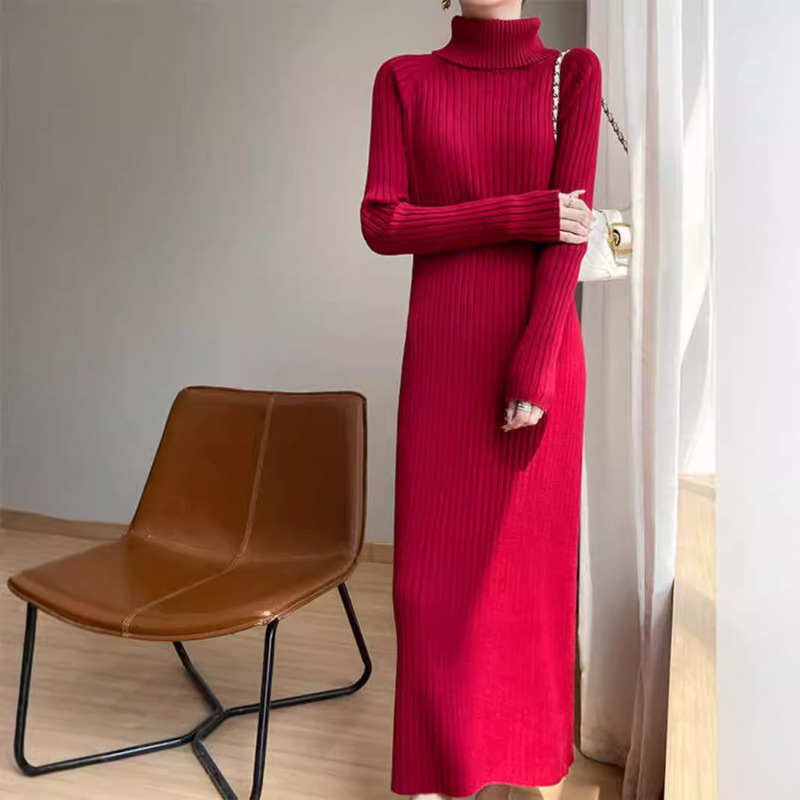 New Autumn and Winter Mid-Length Turtleneck Sweater for Women, Knitted Over-The-Knee Sweater Dress, Slim-Fitting Base Shirt, Extra-Long Dress