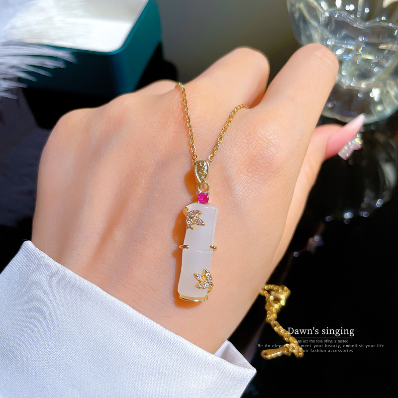 Titanstål jade bambu halsband lyxig micro diamant kedja_voghion.com