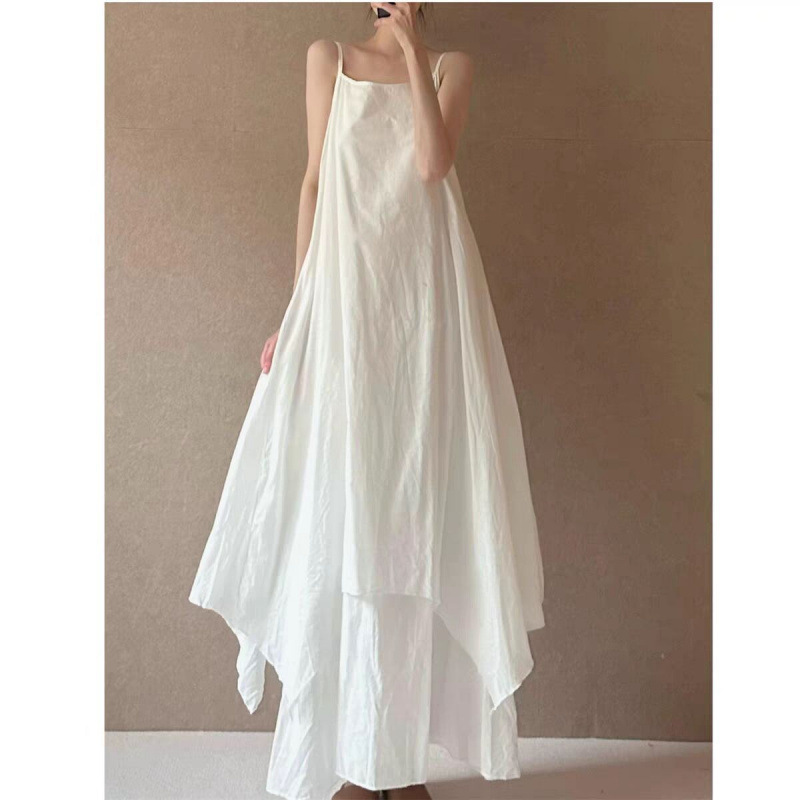 Summer New Minimalist Extended-Length Suspender Dress with Irregular Curved Hem and Double-Layered Flowing Long Skirt Dress Summer New Minimalist Extended-Length Suspender Dress with Irregular Curved Hem and Double-Layered Flowing Long Skirt Dress