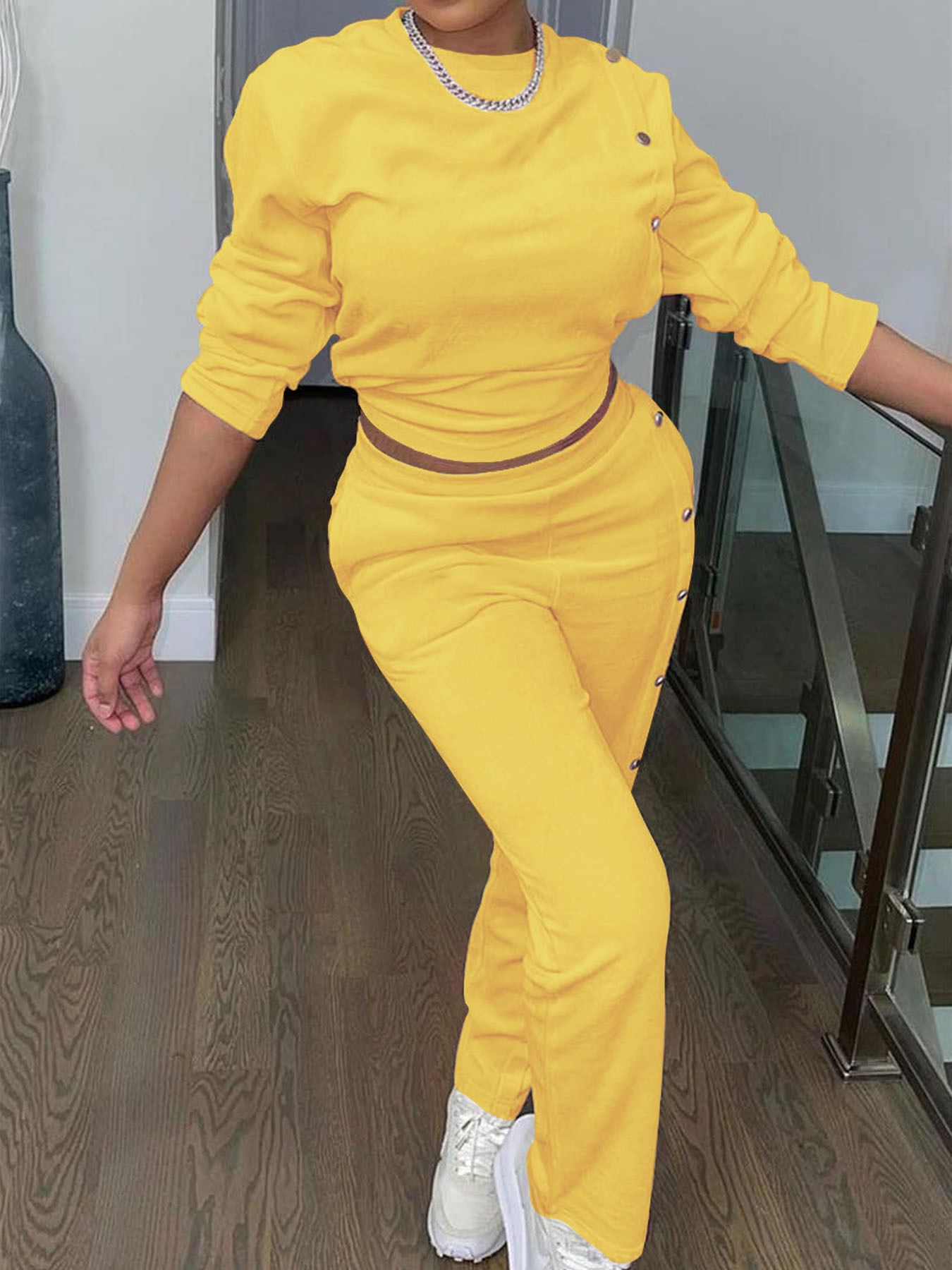 Women's Clothing women's clothing Side breasted two piece sweatshirt long sleeved trousers fashionable casual suit_voghion.com