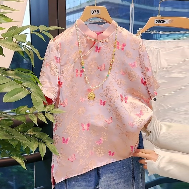 新中式国风盘扣衬衫桑蚕丝真丝改良版旗袍上衣女立领短袖提花小衫|undefined