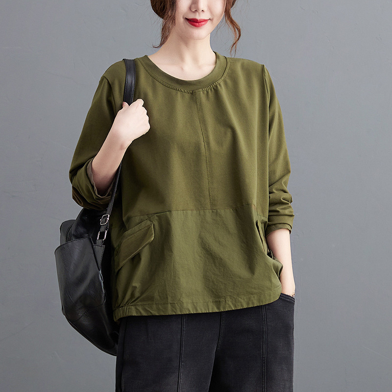 Actual Shot of the 2026 Spring New Style Loose-Fitting Artistic Long-Sleeve Base Shirt with Solid Color and Diagonal Button Back, Versatile T-Shirt