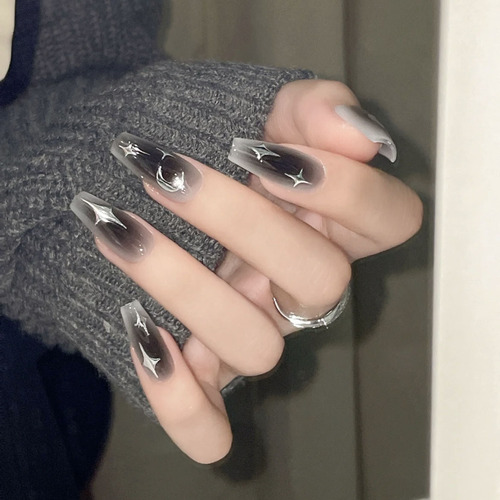 Dark and edgy girl Instagram style, YY2K gradient silver moon and star manicure nail art, false nails, medium-long ballet nails