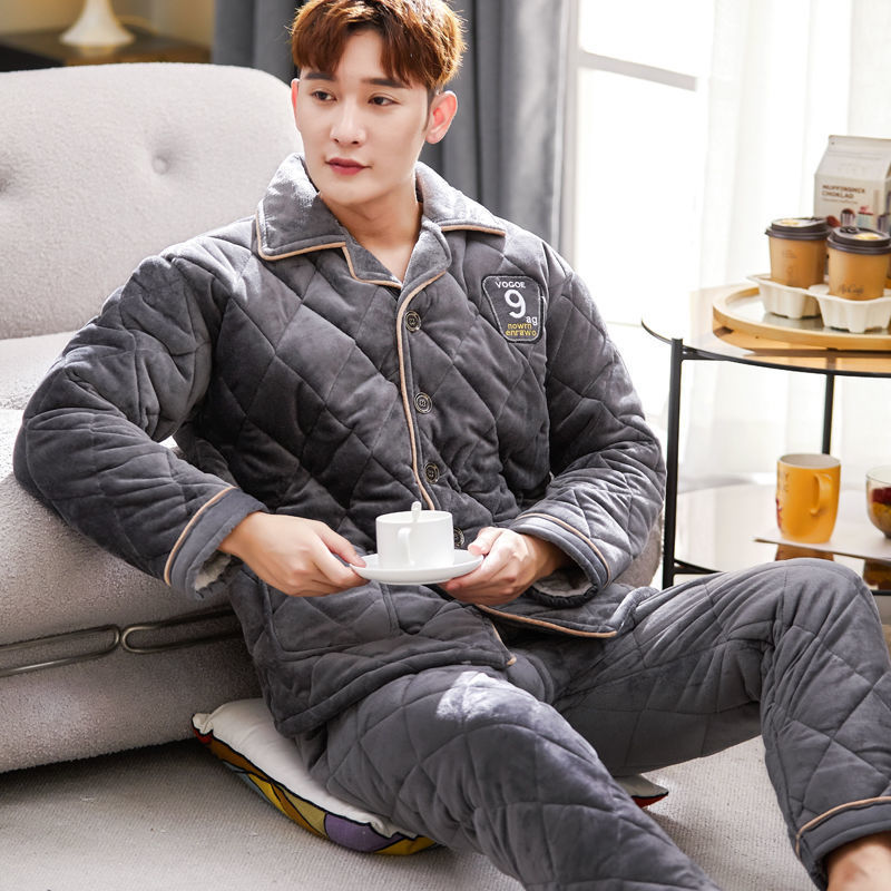 남자 겨울 캐주얼 파자마 3 층 퀼트 두꺼운 기모 따뜻한 세트 플란넬 느슨한 플러스 사이즈