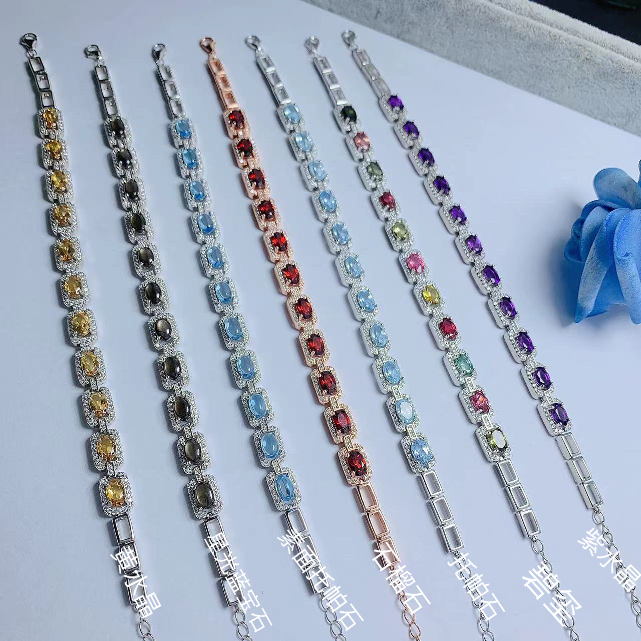 天然蓝托帕手链手饰925银镶嵌水晶透辉橄榄石支持检测彩宝饰品女