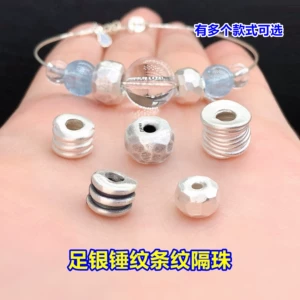 s999 pure silver hammered striped large-hole spacer beads, barrel beads, crystal accessories for handmade DIY jewelry, bracelet, and necklace making