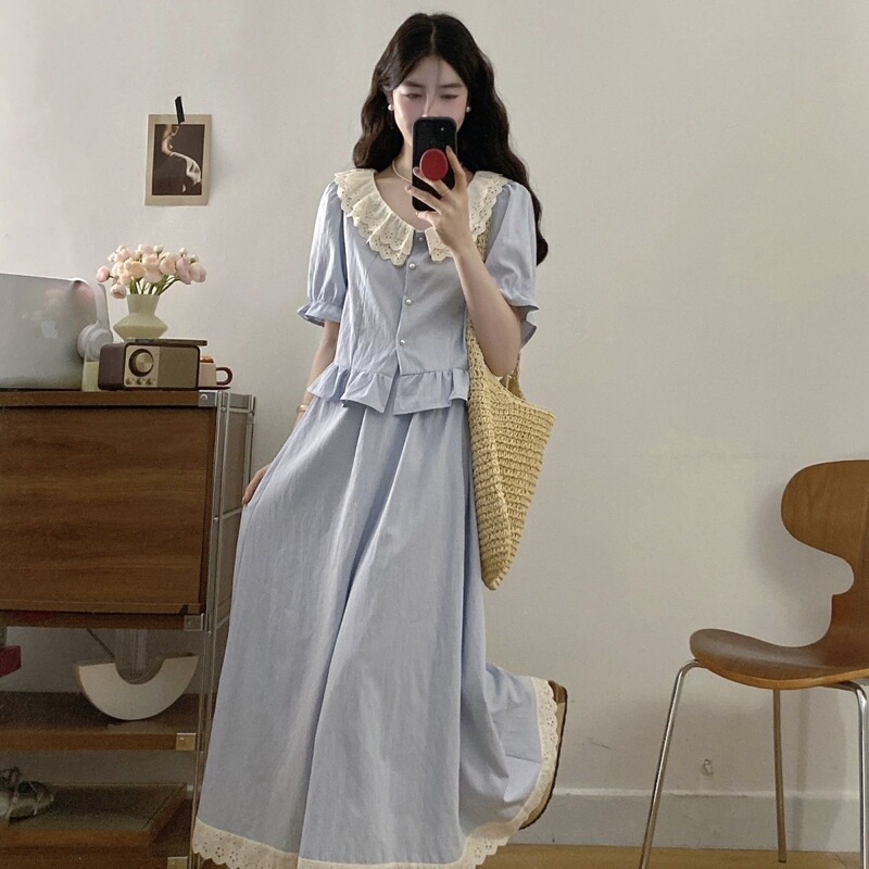 Doll Collar Lace Patchwork Ruffle Shirt and Skirt Two-Piece Set, Plus Size, French Sweet Style, Slimming Outfit