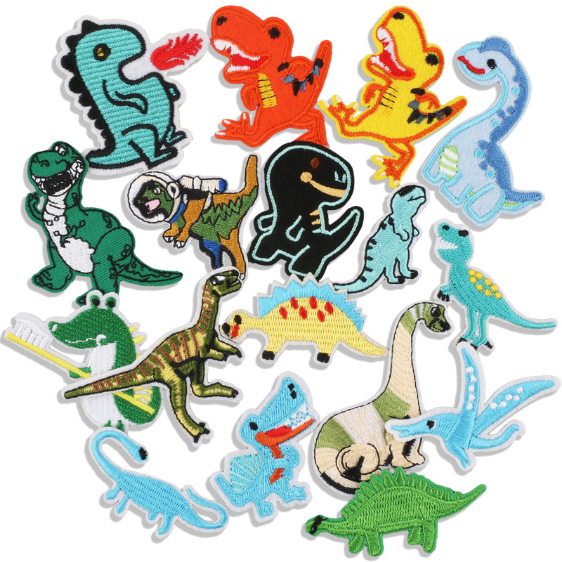 棉色跨境热卖卡通小恐龙刺绣布贴背胶刺绣标可爱小动物童装补丁贴