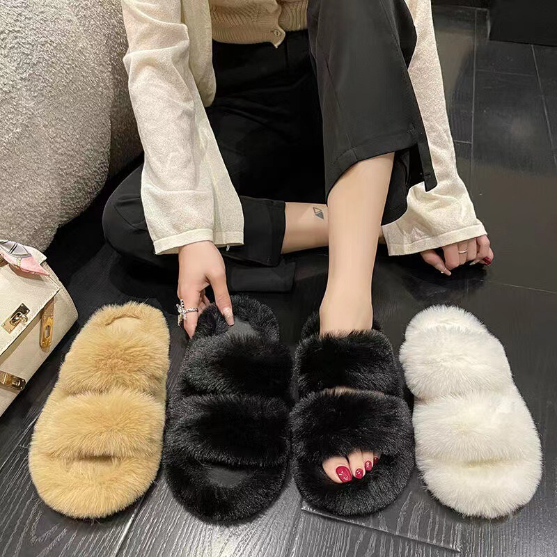 Clearance Furry Slippers for Women, Korean Style, Soft Sole, Non-Slip, Indoor, Trendy Cotton, Flat Bottom