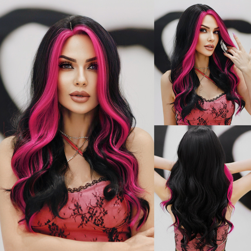 Small Lace Asian Highlighted Rose Red Curly Hair Big Wave Middle Parted Wig Female Full Headband Natural Hair Seam Wig