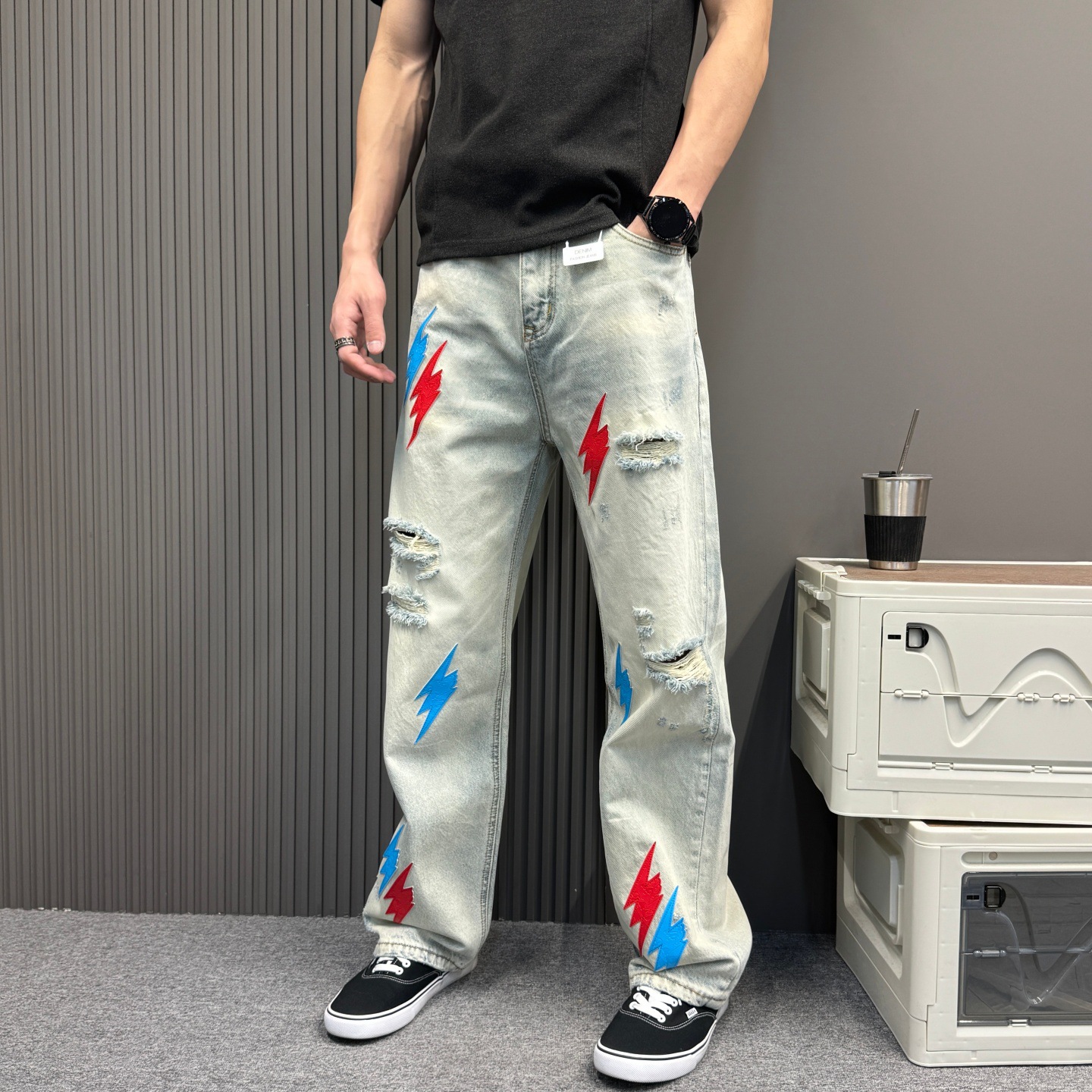 American-style patchwork dopamine ripped jeans men's trendy loose straight leg washed distressed wide-leg trousers