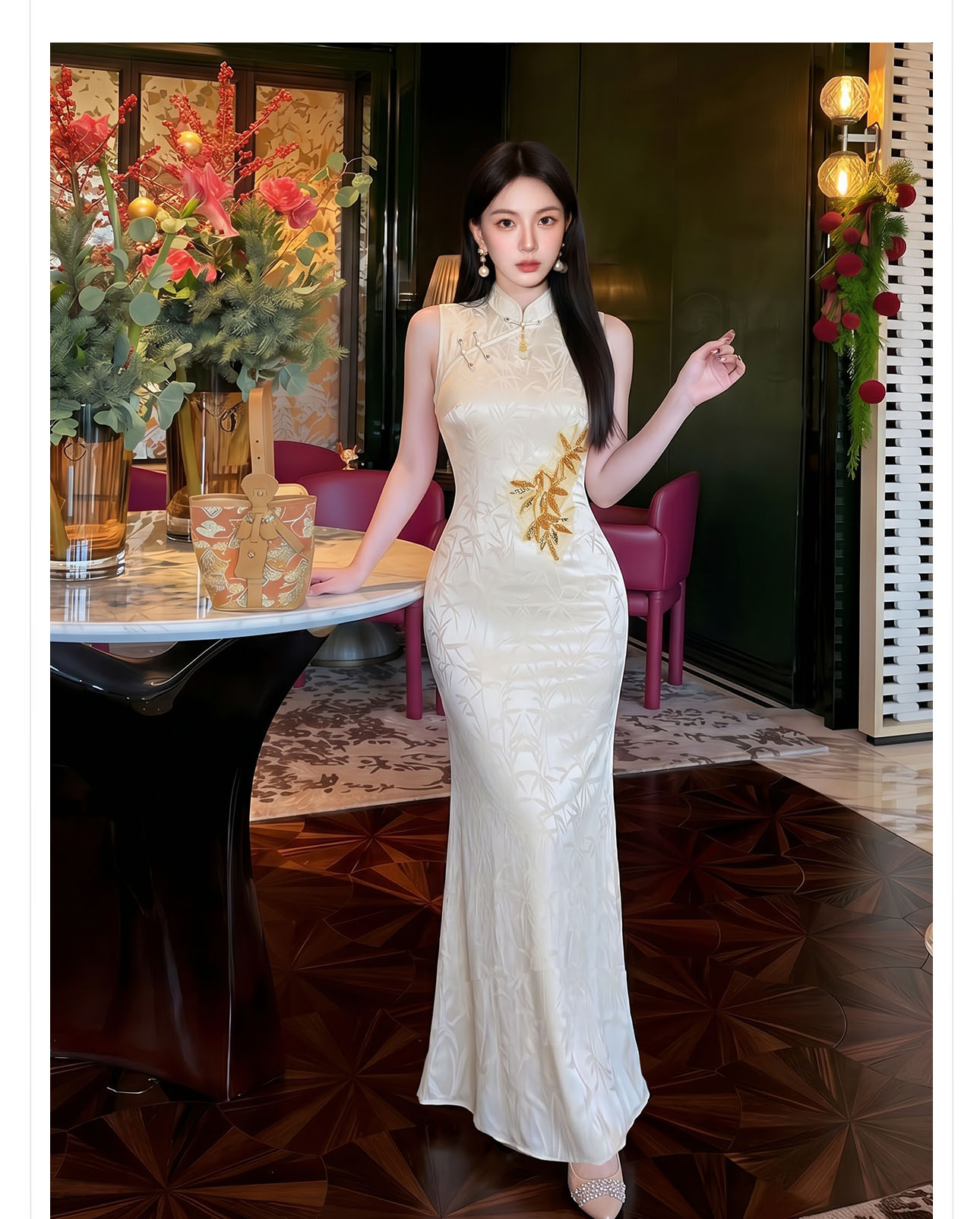 Đầm maxi thắt eo phong cách tân cổ điển họa tiết hoa văn nổi — màu mơ chi tiết 7
