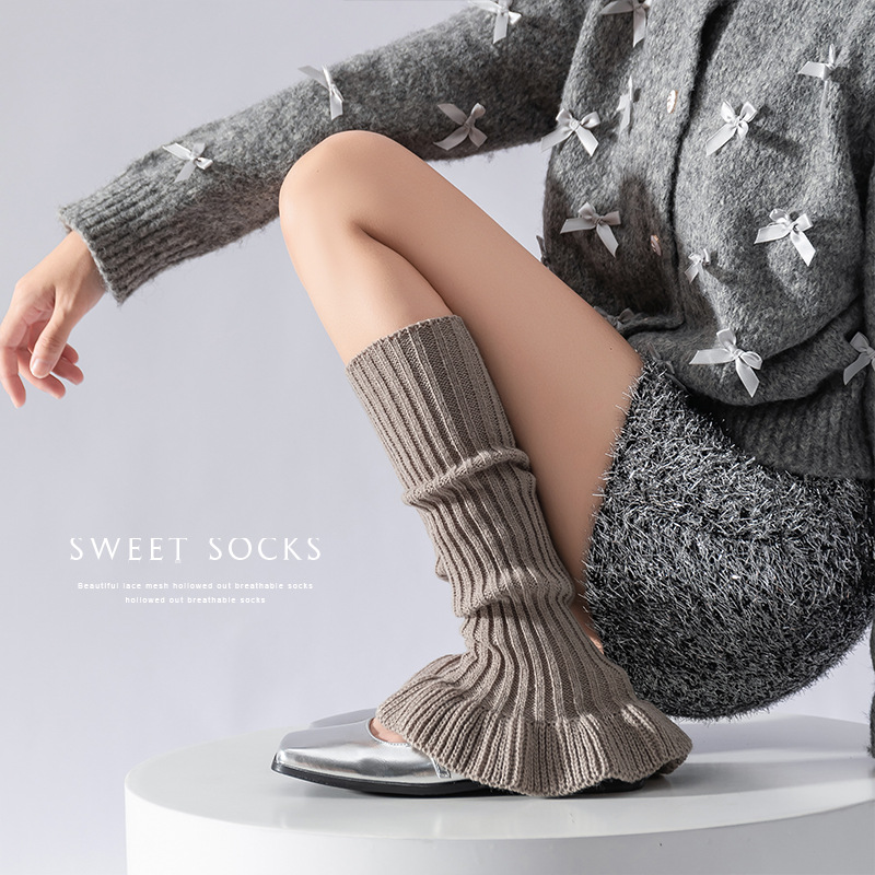 Leg Warmers Cotton Socks Autumn And Winter Solid Color Stacked Socks Vertical Striped Knitted Trumpet Ballet Style Thickened Wool Calf Leg Covers_voghion.com