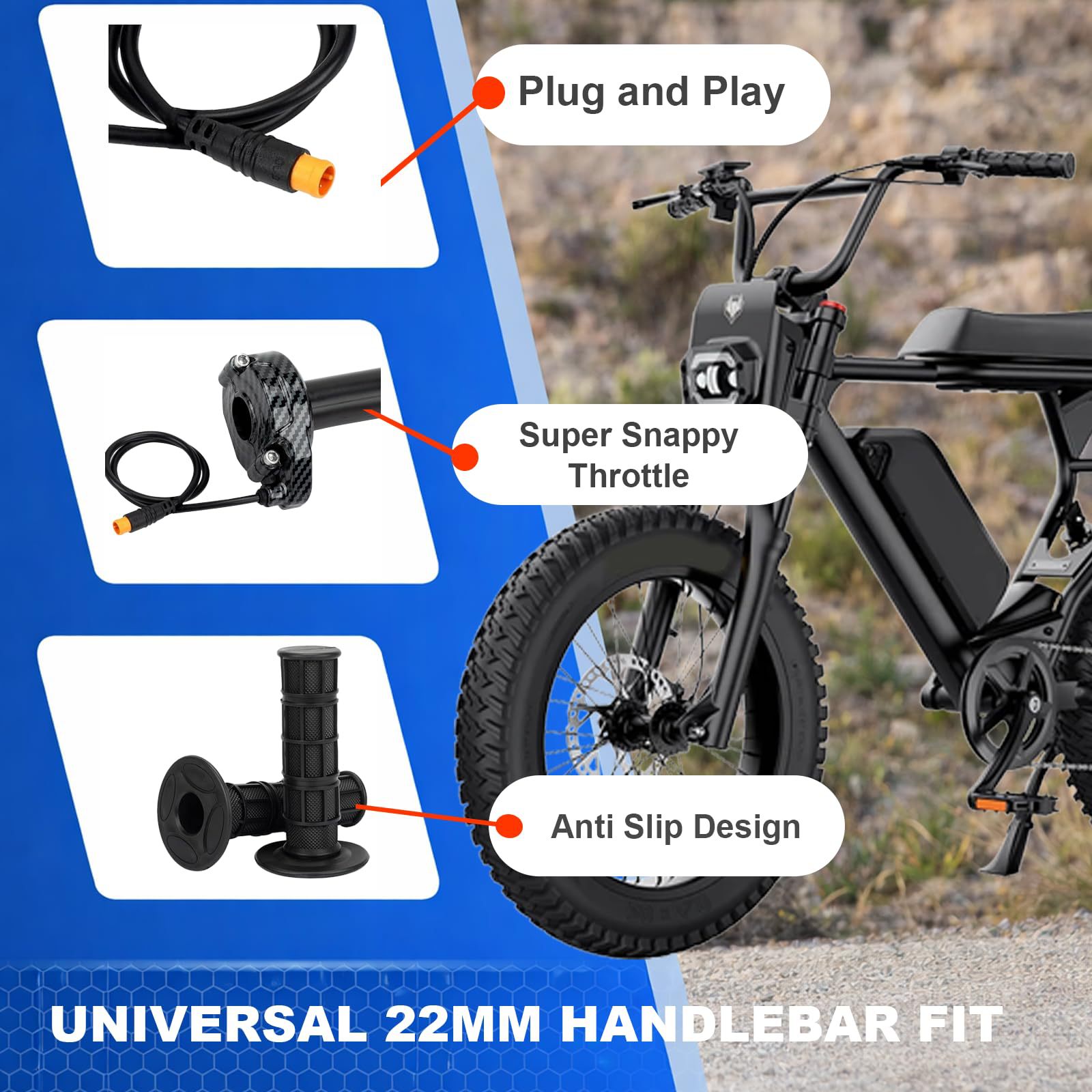 Full-rotation handle throttle for electric bicycles is suitable for Macfox 12V-72V, and also for HappyRun Freego
