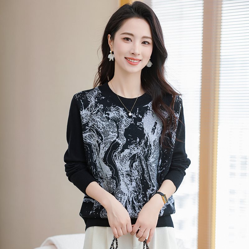 Vintage Printed Wool Sweater Autumn All-match Slim Look Casual Long Sleeve Round Neck Ink Painting Women's Base Top