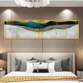 抽象壁画艺术画布蓝金绿 明亮的金线  轻奢背景墙酒店办公室挂画