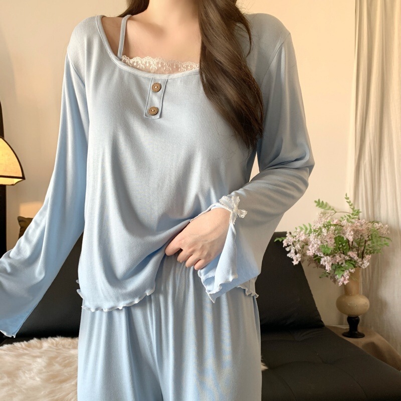 Spring and Autumn Pajamas with Breast Pads for Women, Loose Casual Lace Long-Sleeved Trousers Set, Summer Wearable Home Clothes Spring and Autumn Pajamas with Breast Pads for Women, Loose Casual Lace Long-Sleeved Trousers Set, Summer Wearable Home Clothes