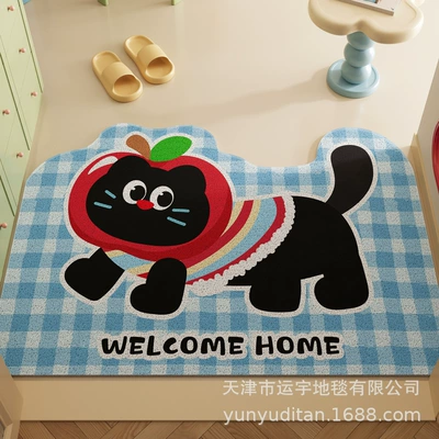 Cute Pet Entrance Door Floor Avtomobil döşəmə paspasları - blue-check-apple-cat-alien-4060cm