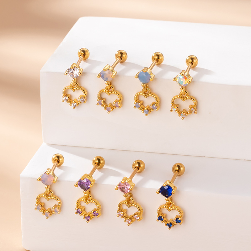 Fashion Heart Shape Stainless Steel Ear Studs Inlaid Zircon Stainless Steel Earrings 1 Piece