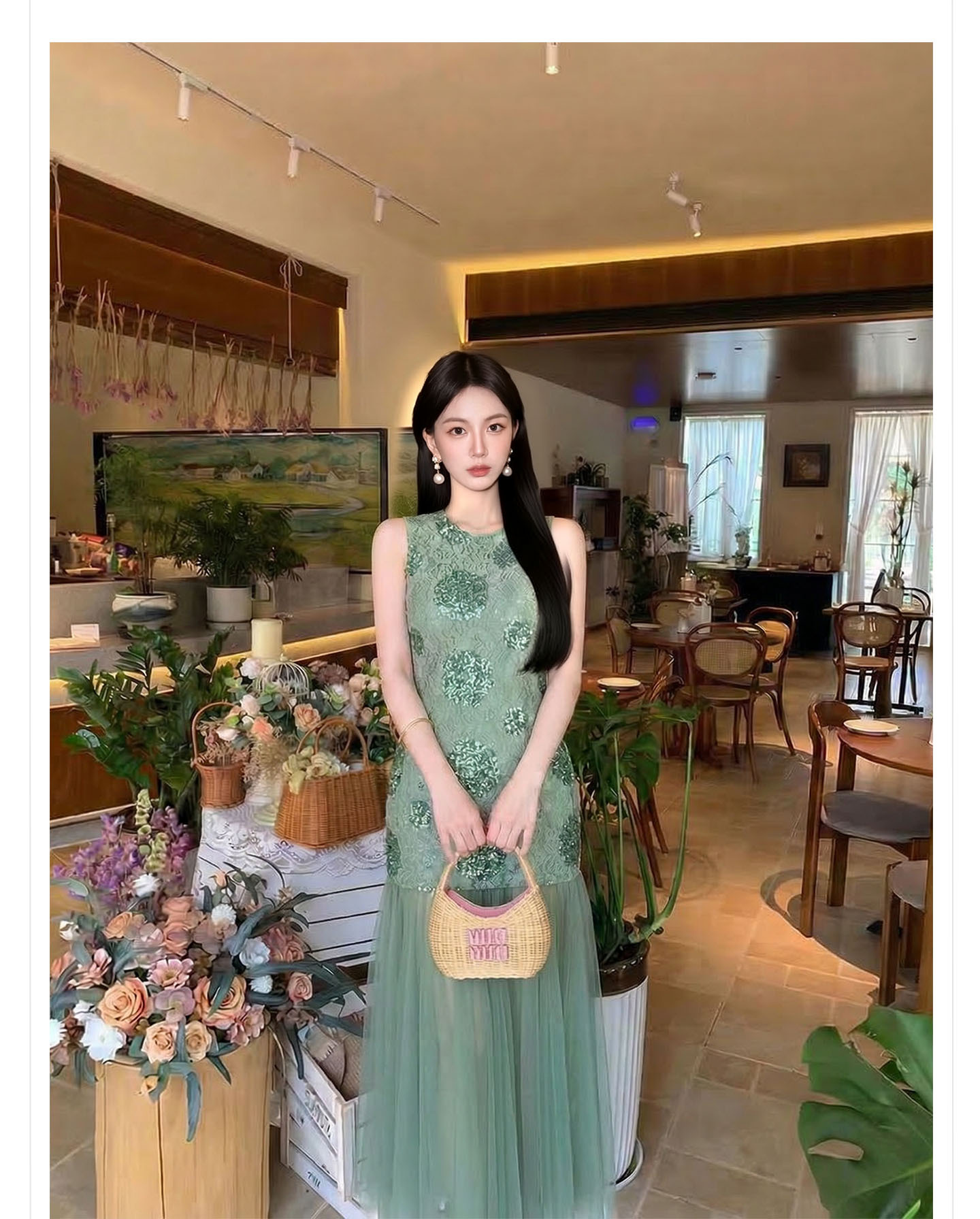Đầm maxi nữ thắt eo họa tiết hoa nhí tay không cổ tròn — Xanh lá cây nhạtcolor chi tiết 4