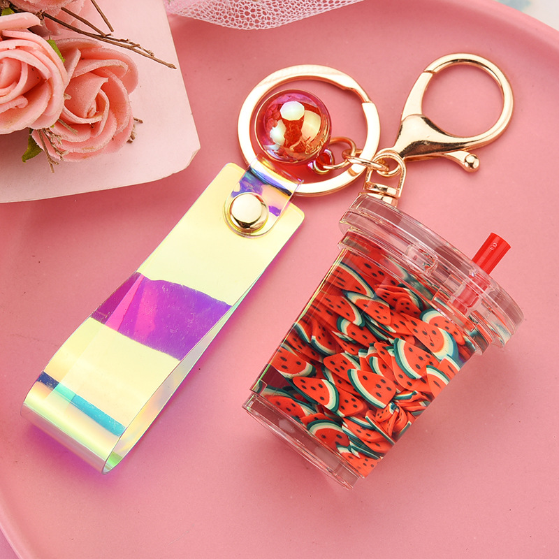 Creative Milk Tea Cup Simulation Fruit Piece Floating Leather Rope Key Chain Wholesale Nihaojewelry display picture 6