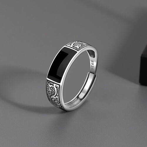 Retro dragon pattern ring men's trendy ins personalized open ring fashion simple ethnic style black men's single ring
