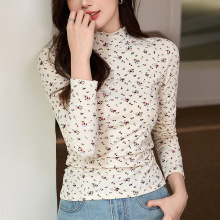 #甄选高品# 磨毛加绒t恤女碎花2025秋冬新款长袖上衣高领打底衫