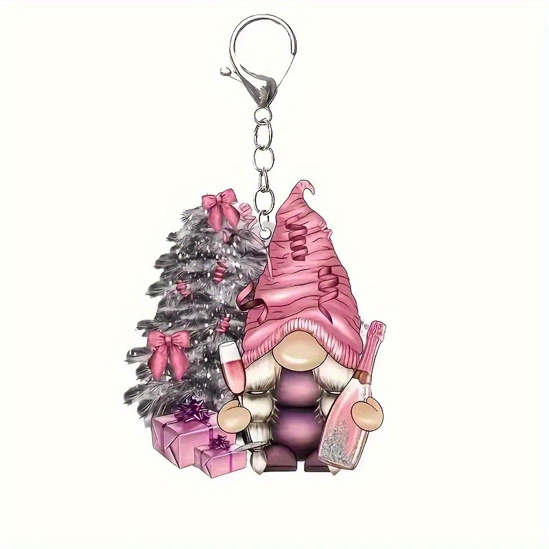 Encantador enano rosa con llavero acrílico de árbol navideño - regalos navideños para hombres, para automóviles