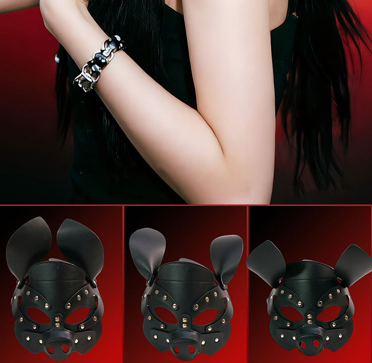 SM Faux Leather Cosplay Mask for Adult Couples, Black Headgear with Metal Details — detail image 17