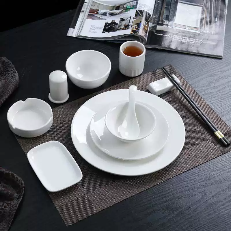 Wholesale Hotel Restaurant Ceramics Pure White Disk Bowl Bone Set Hotel Table Table Table Table Table Table Set