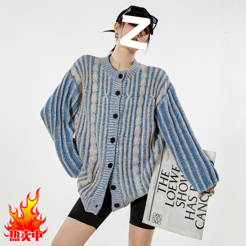 American Style Retro Twist Rope Old Design Sense Cardigan Sweater for Men and Women Couples High Street Imitation Denim Sweater Coat Winter