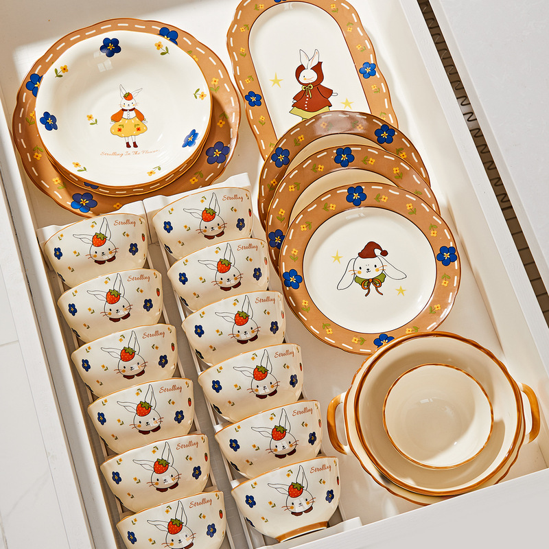 French Retro Cute Cartoon Household High-Value Ceramic Tableware Dishes Set Rice Bowl Plate Noodle Bowl Fish Plate