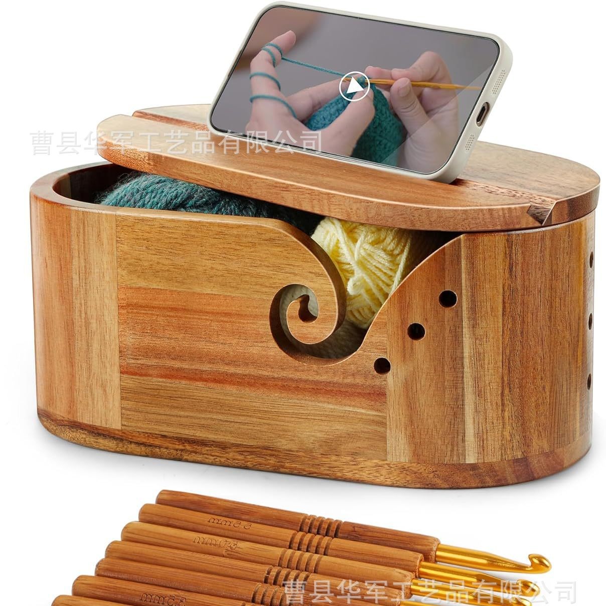 Ready-Made Wool Bowl Wooden Oval Woven Storage Box with Lid for Mobile Phone Wool Wooden Bowl Wool Storage Bowl