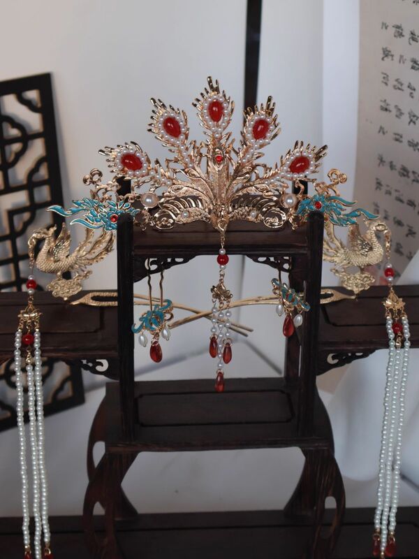 Original Phoenix Crown Hanfu Wedding Crown with Tassels, Exquisite and Elegant Hair Crown Wedding Outfit Headpiece Set, Chinese Style Bridal Ancient Style Hairpin