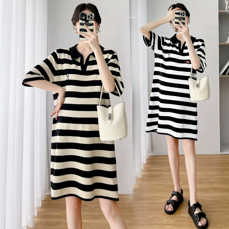 Реальная съемка спот 2022 новый красный сетчатый костюм для беременных тяжелый с вышивкой и лацканом в полоску Тонкое платье для кормящих