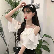气质网纱拼接荷叶边露肩雪纺衫上衣2023夏季季新款镂空短袖衬衫女