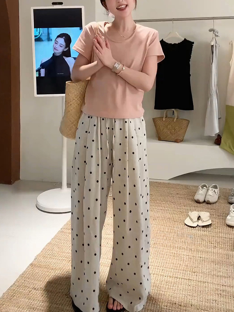Muy colgante y suave ~ Pantalones de lunares de cintura elástica pantalones casuales de pierna ancha pantalones de lino de algodón color albaricoque 2025 pantalones frescos de verano