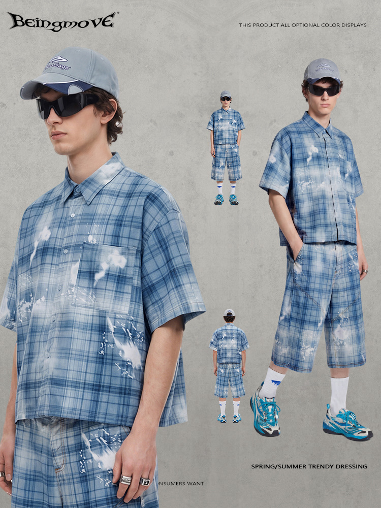 Calle secada| Camisas retrógradas americanas de marca de moda de manga corta sueltas hechas viejas camisetas de transferencia de calor transpirables para hombres