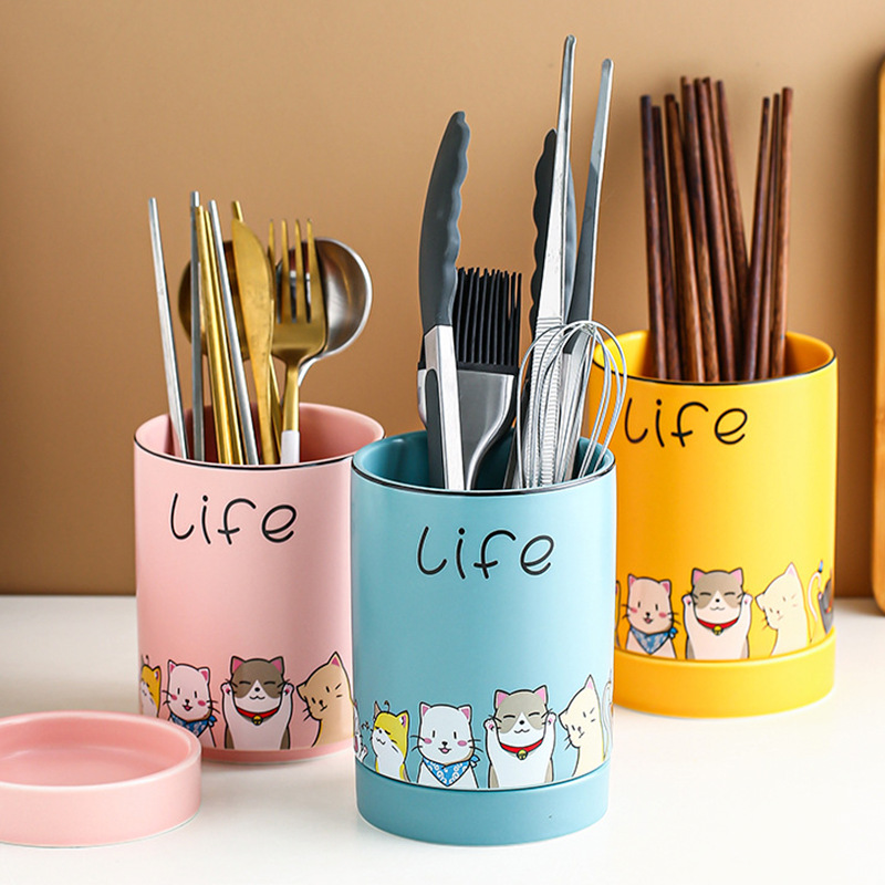 北欧ins卡通猫咪陶瓷筷子筒家用网红餐具收纳筒沥水筷篓工厂直供