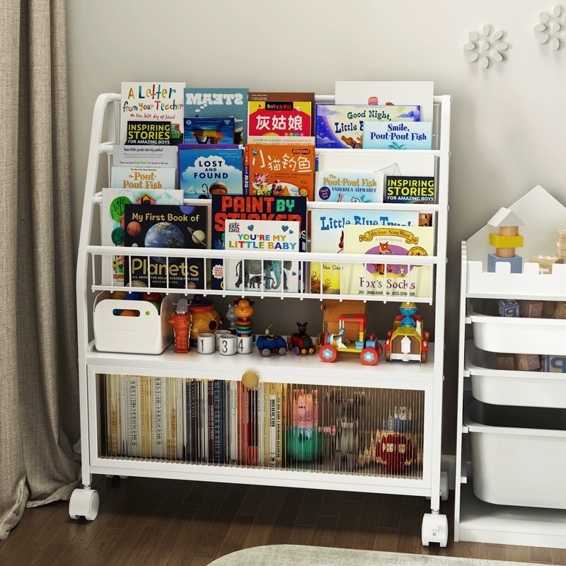 Estante de almacenamiento de libros de imágenes de múltiples capas tipo piso estante de almacenamiento de juguetes móvil a prueba de polvo con puerta de gabinete Gabinete para niños