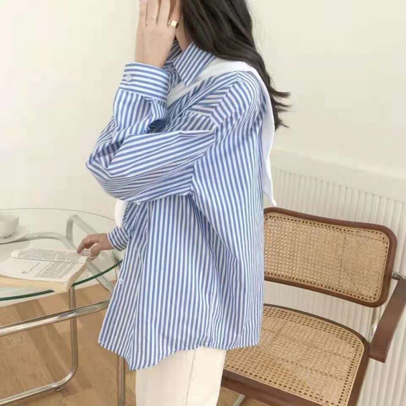 Vertical Stripes Layered Long-Sleeved Shirt for Women in Spring and Autumn New Style, Versatile Retro Hong Kong Style Loose Korean Style Trendy