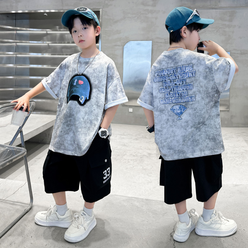 7247 Traje de manga corta para niños 2025 verano nuevo estilo Baby Net Red Fried Street Shorts Dos piezas Ropa para niños pequeños y medianos