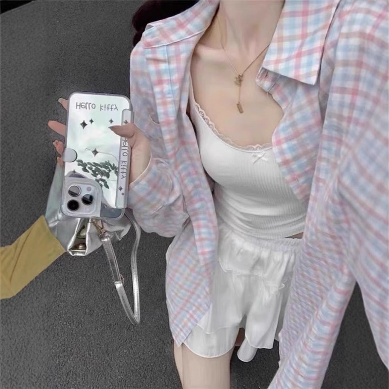 Korean-style Hong Kong-style All-match Color Plaid Shirt Women's Spring and Autumn Thin Shirt Design Sense Long-sleeved Jacket Ins Top