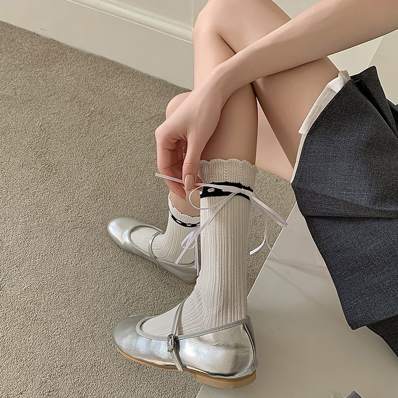 藏蓝色复古花边袜子女中筒袜秋季miu蝴蝶结堆堆袜长筒袜配小皮鞋|undefined