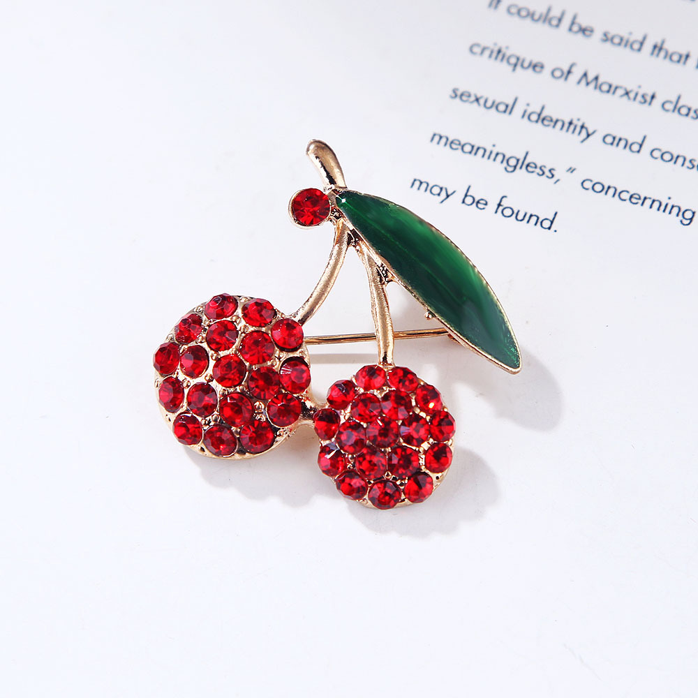 Kersen broche voor dames met strass blaadje mode speld_voghion.com