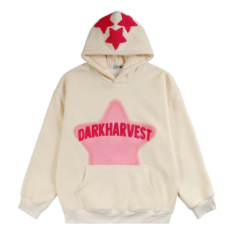 High street American retro polar fleece spray painting towel embroidered hooded sweater men's fashion brand loose niche design hoodie