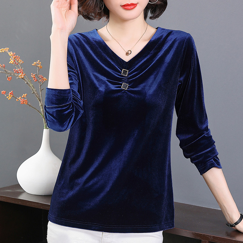 Cross-border New Gold Velvet Mother's Base Shirt 2023 Autumn and Winter Wear V-Neck Elegant Warm Western Style Casual T-shirt