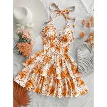Y 65917 Rose print ruffle dress õ��ӡ����Ҷ��ȹ�羳����