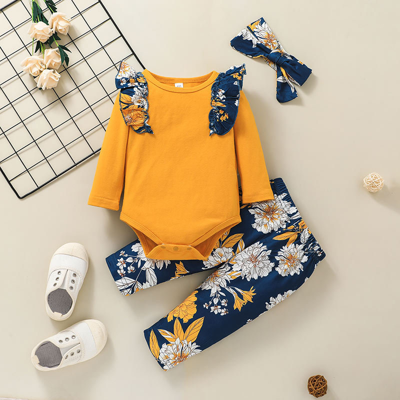 2021 Foreign Trade Children's Wear Baby Long Sleeved Romper Suit European And American Autumn Baby Jumpsuit Floral Two-piece Suit display picture 2