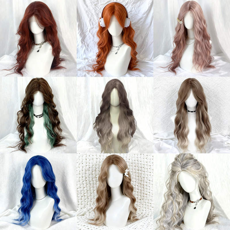 Wig for Women with Lace Front, Multi-Color Long Curly Hair, Middle Part Bangs, Water Wave, Big Waves, Long Straight Hair, Full Headgear
